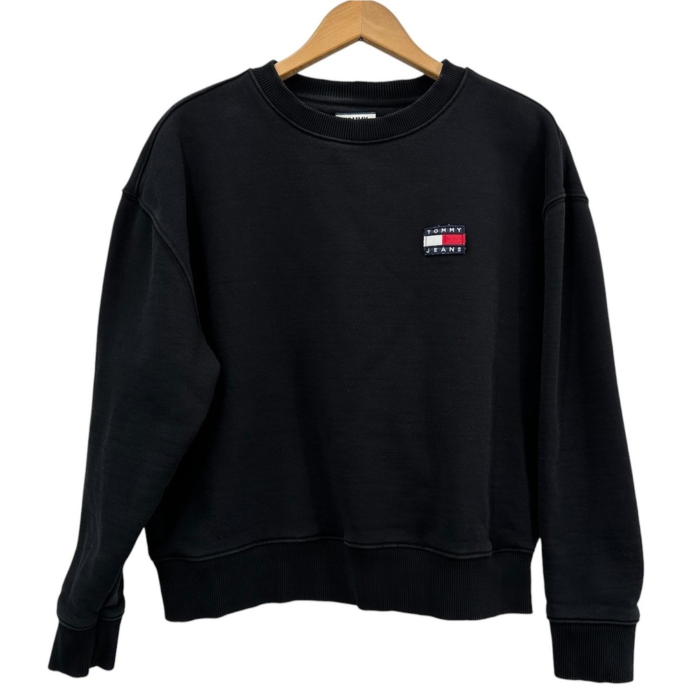 Tommy Hilfiger Cropped Sweatshirt Black Heavyweight Cotton Oversized Size Small